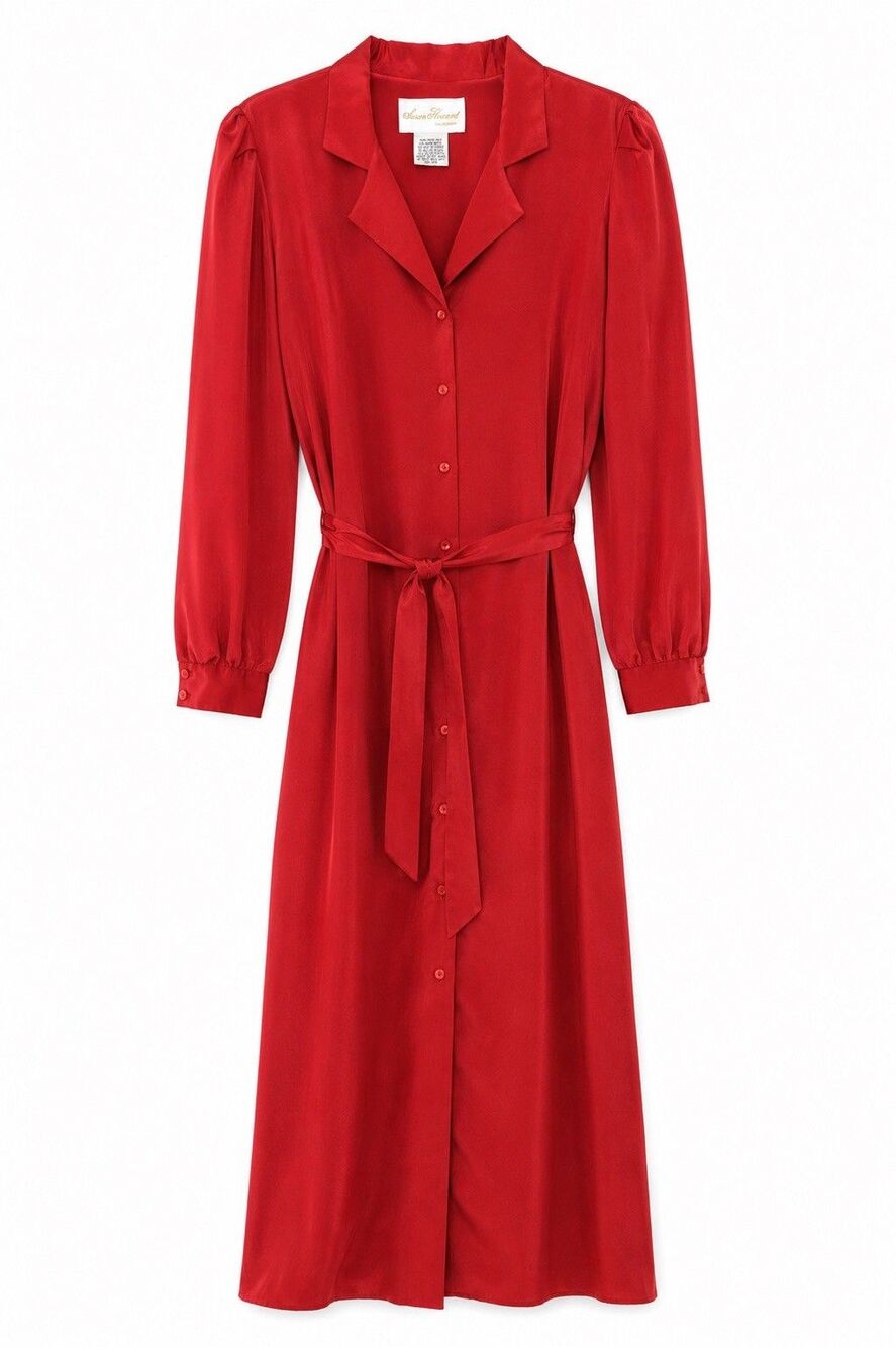 Vintage Susan Howard Dress Women's Large Red Satin Belted Shirt Midi 80s NWOT